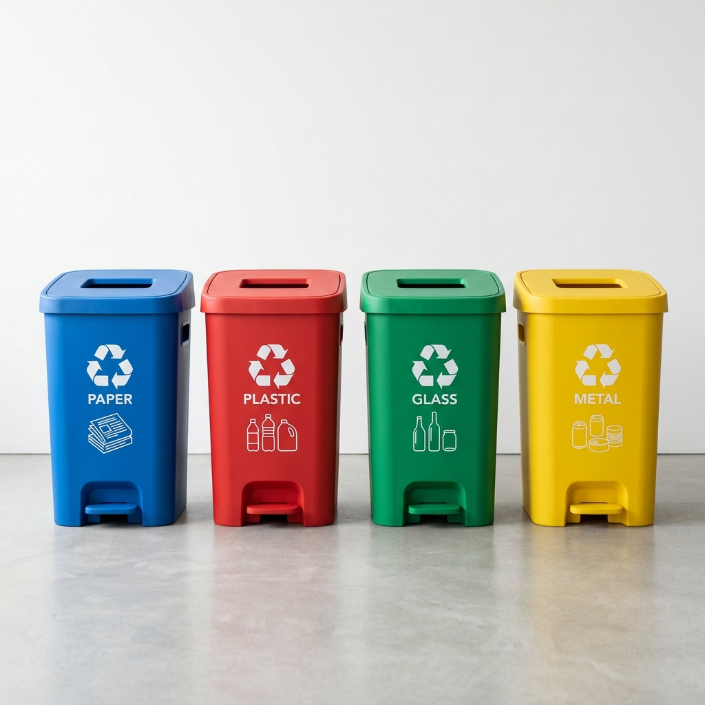 Lixeiras de coleta seletiva coloridas e organizadas