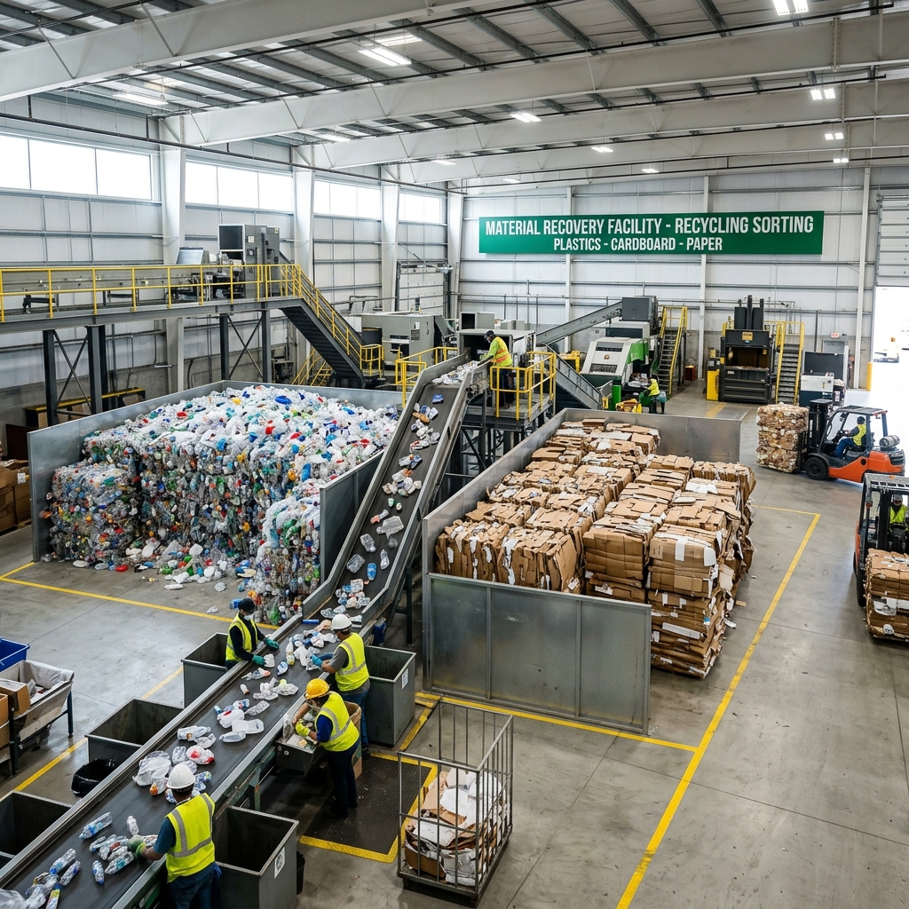 Pilha de materiais recicláveis em um centro de triagem