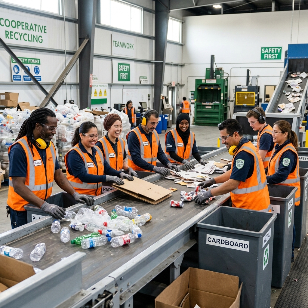 Equipe trabalhando em uma cooperativa de reciclagem